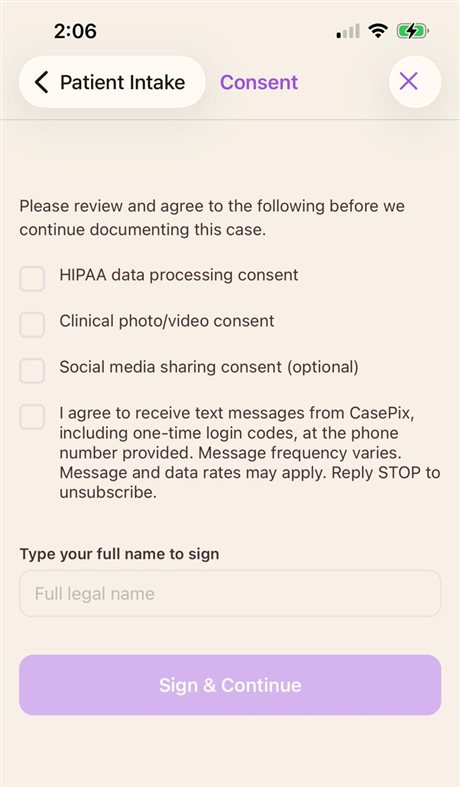 Screenshot of the CasePix consent screen as first shown: all four boxes unchecked, including the SMS text-message consent, and the Sign & Continue button disabled