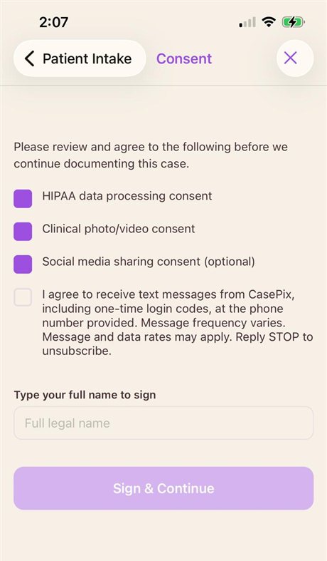 Screenshot of the CasePix consent screen with the HIPAA, photo and social media consents ticked but the SMS text-message consent still unchecked