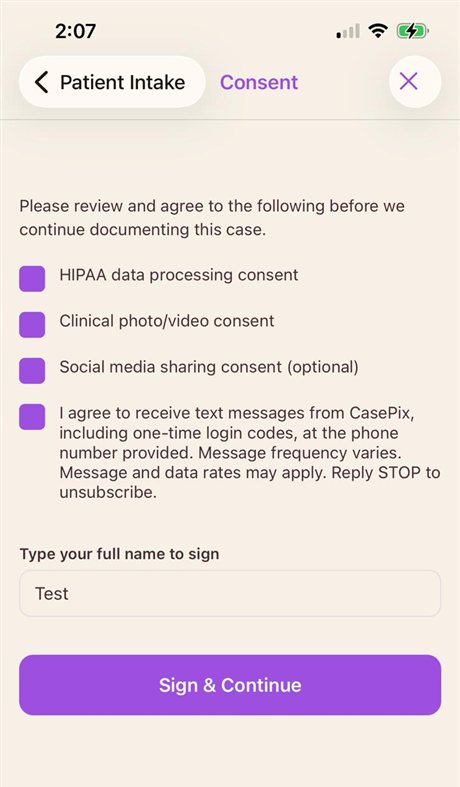 Screenshot of the CasePix consent screen with all boxes checked including the SMS text-message consent, a typed name, and the Sign & Continue button enabled