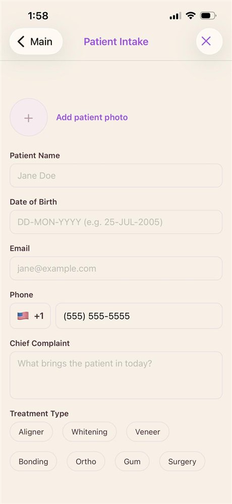 Screenshot of the CasePix Patient Intake screen showing the Phone field, with a country-code selector, where the patient's mobile phone number is entered