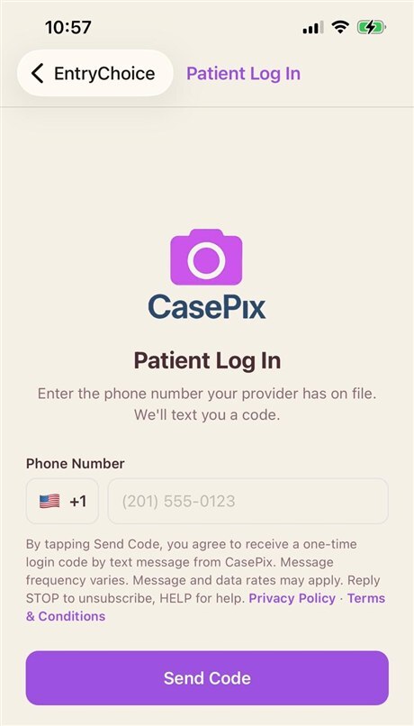 Screenshot of the CasePix Patient Log In screen showing the phone number field and, beneath it, the SMS notice with Privacy Policy and Terms and Conditions links above the Send Code button