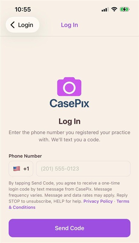 Screenshot of the CasePix staff Log In screen showing the phone number field and, beneath it, the SMS notice with Privacy Policy and Terms and Conditions links above the Send Code button
